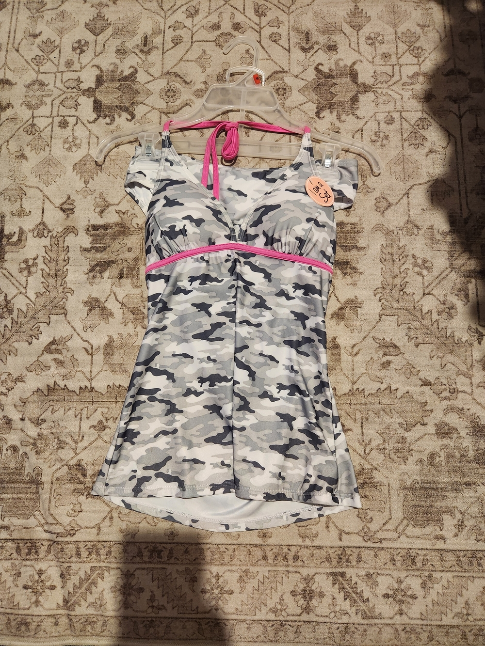 Women's Grey Camo Tankini with Pink Trim